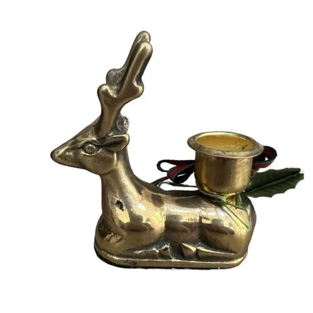Brass Christmas Sitting Reindeer Deer Candle Holders Vintage Home Decor Holiday